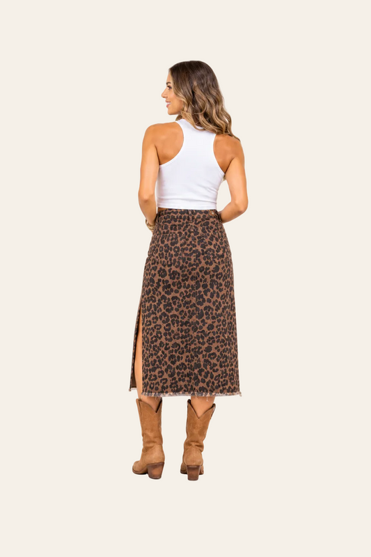 Denim midi rok met luipaardprint