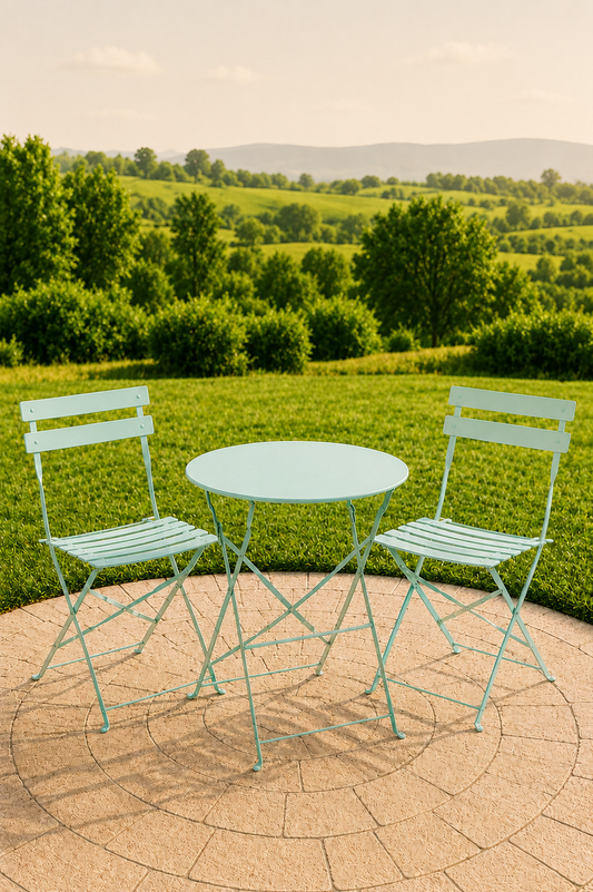 Tuinbistroset in lichtgroen metaal met ronde tafel en 2 stoelen