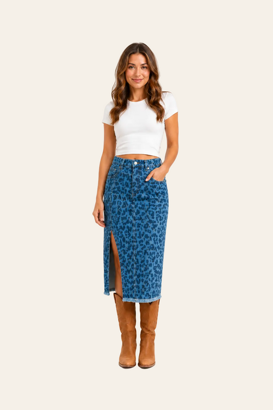 Denim midi rok met luipaardprint