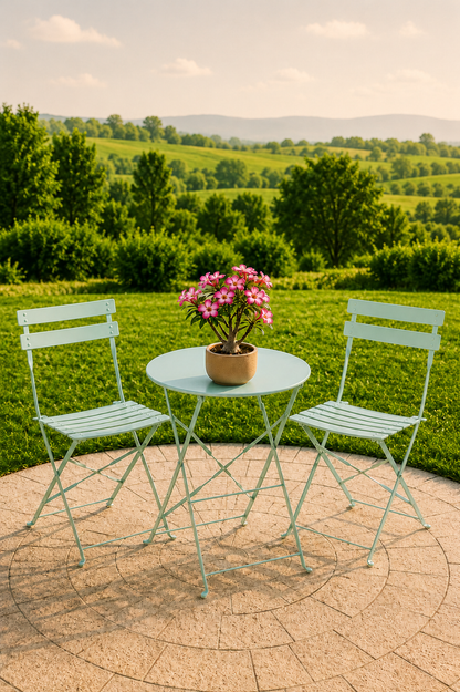 Tuinbistroset in lichtgroen metaal met ronde tafel en 2 stoelen