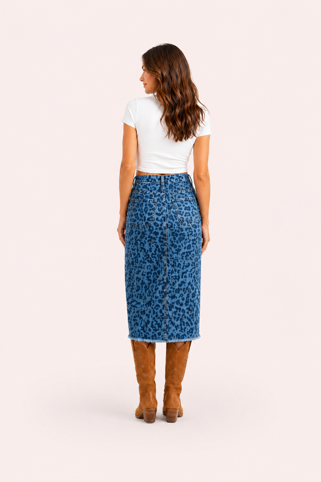 Denim midi rok met luipaardprint