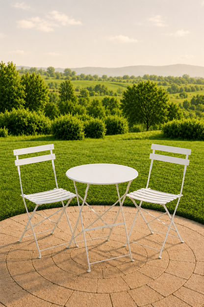 Tuinbistroset in wit metaal met ronde tafel en 2 stoelen