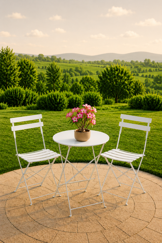 Tuinbistroset in wit metaal met ronde tafel en 2 stoelen