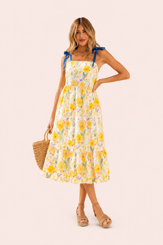 Bloemenprint jurk met hoge taille en denim bandjes