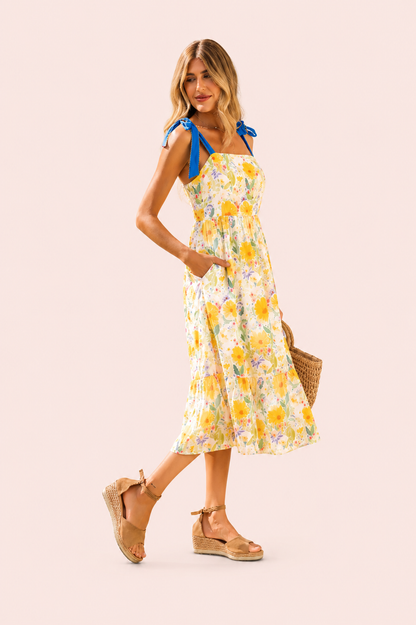 Bloemenprint jurk met hoge taille en denim bandjes