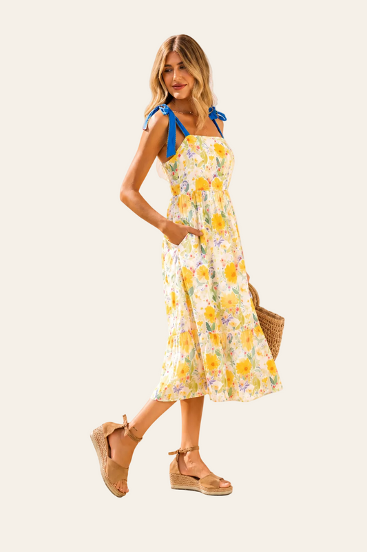 Bloemenprint jurk met hoge taille en denim bandjes