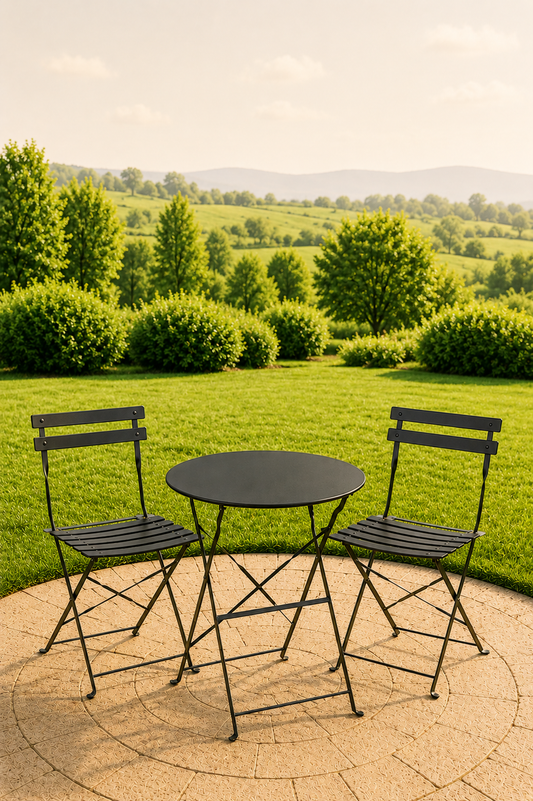 Tuinbistroset in zwart metaal met ronde tafel en 2 stoelen