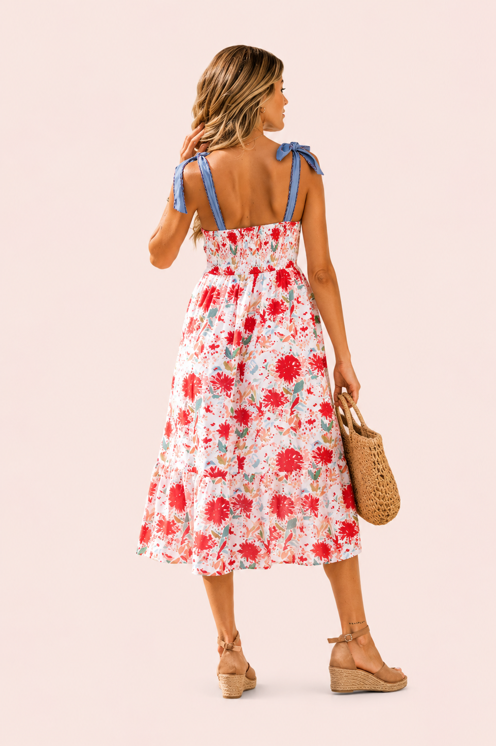 Bloemenprint jurk met hoge taille en denim bandjes