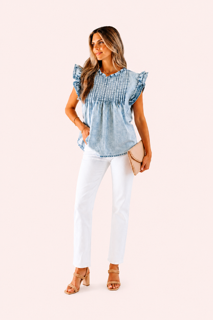 Denim top met ruches en geplooide details in vintage wassing