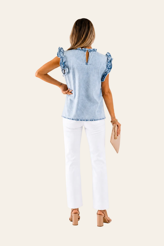 Denim top met ruches en geplooide details in vintage wassing