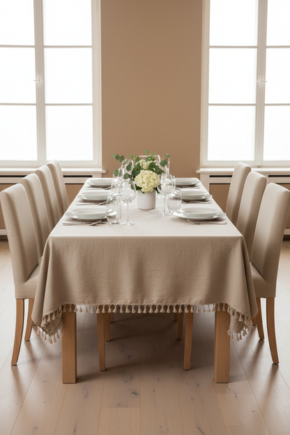 beige linnen tafelkleed met franjes
