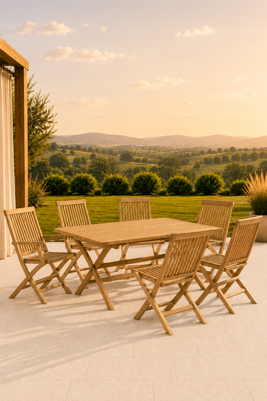 Tuinzitgroep van teakhout met 2 stoelen 4 eetkamerstoelen en tafel