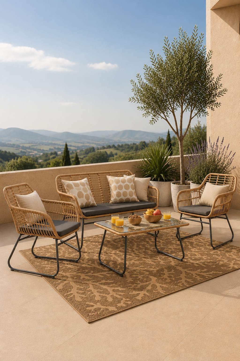 Tuinloungeset van polyrotan met 2 stoelen bank en tafel