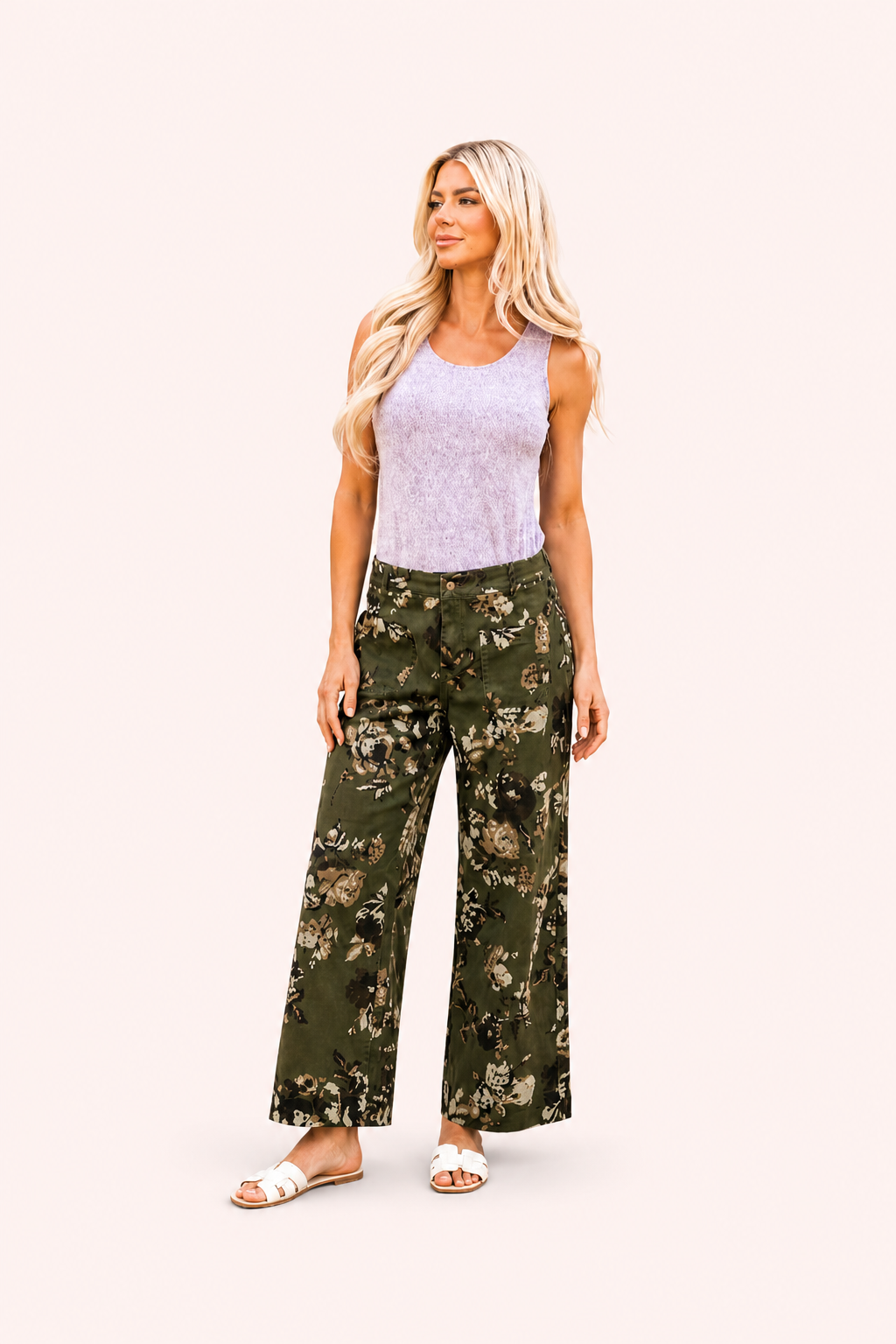 Groene denim jeans met vintage bloemenprint
