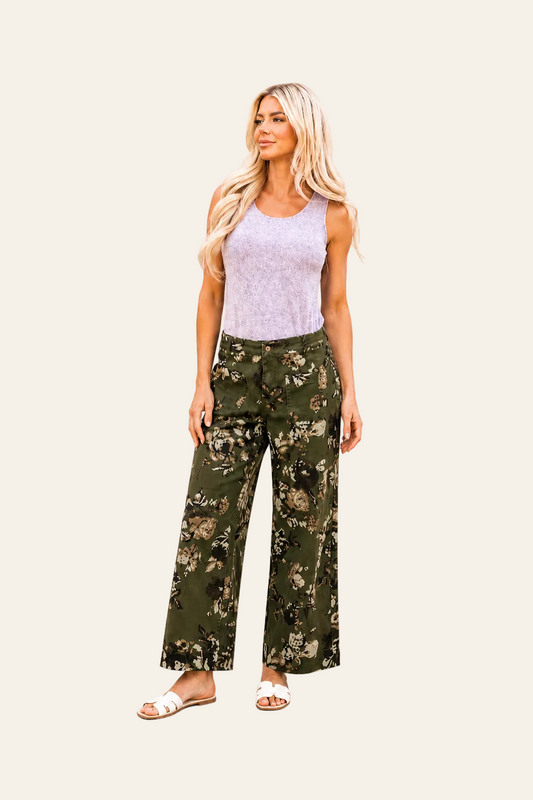 Groene denim jeans met vintage bloemenprint