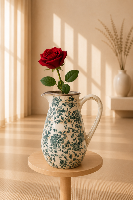 Keramieke decoratiekan groen botanisch bladermotief