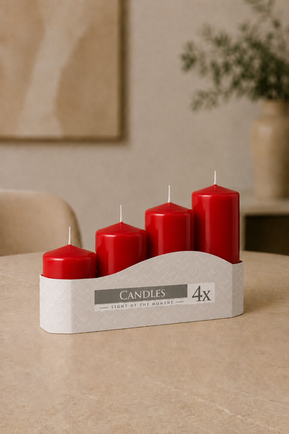 Set of 4 Pillar Candles 50mm (11/16/22/33H) - Red