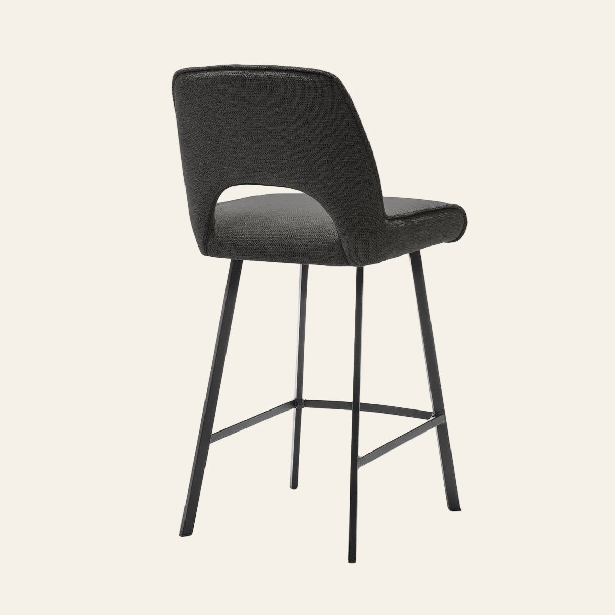 Jody barkruk in antracietkleur, achteraanzicht met gestoffeerde rugleuning met open detail.