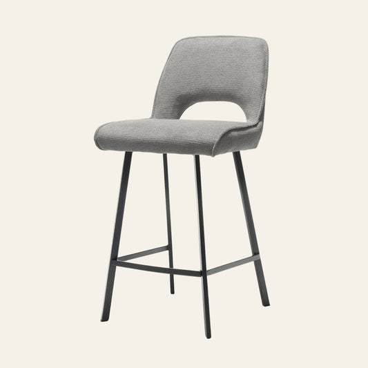 Jody barkruk in grijskleur, vooraanzicht met ergonomisch gevormde zitting.