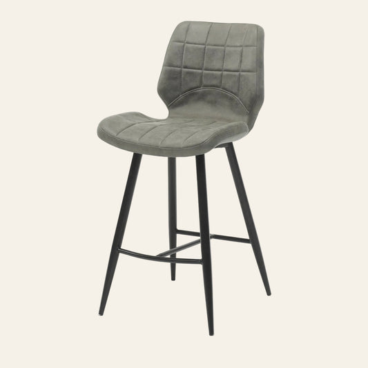 Barkruk barkruk in staalkleur, vooraanzicht met ergonomisch gevormde zitting en rugleuning.