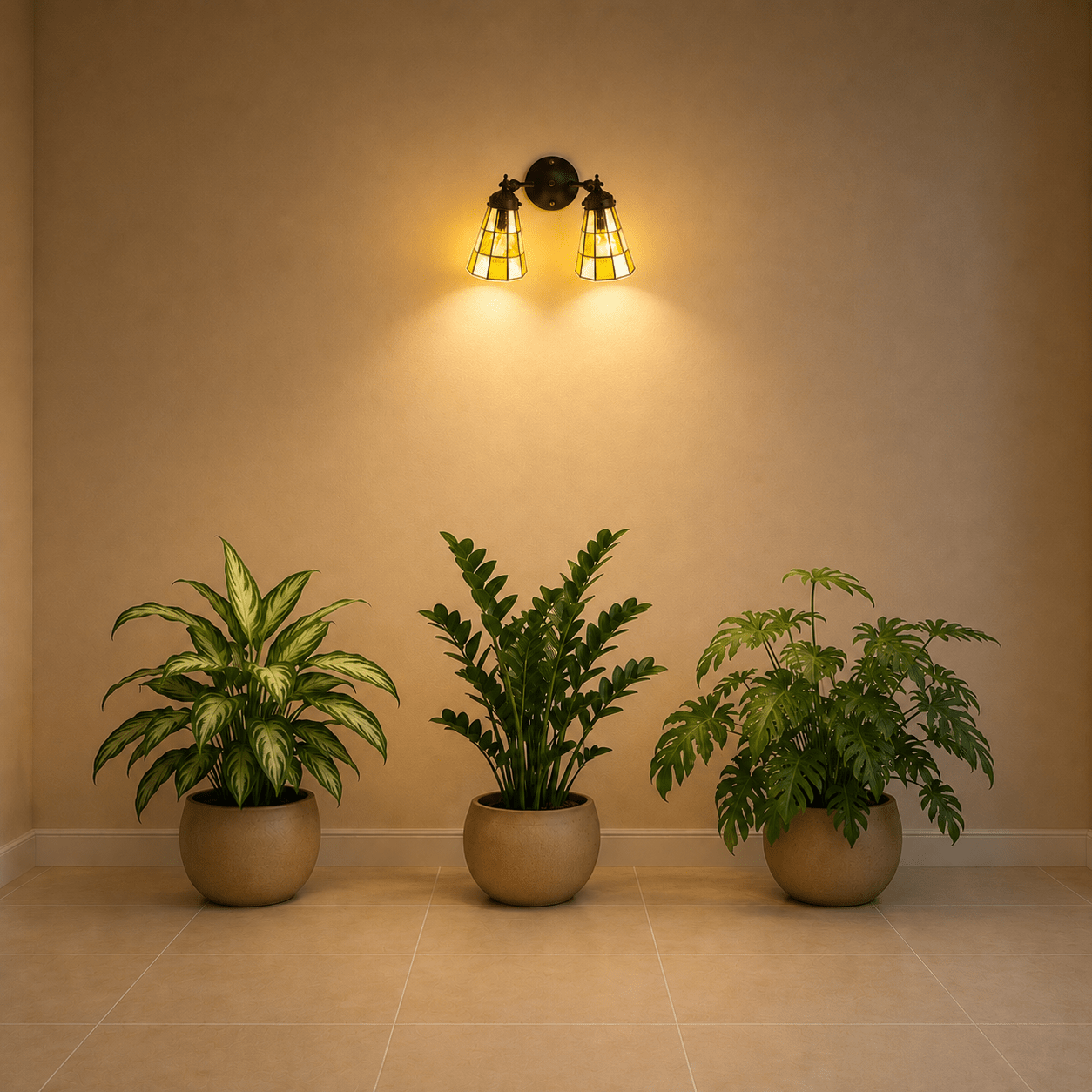 Brandende Tiffany wandlamp met twee bruinkleurige glas-in-loodkappen en warme lichtgloed