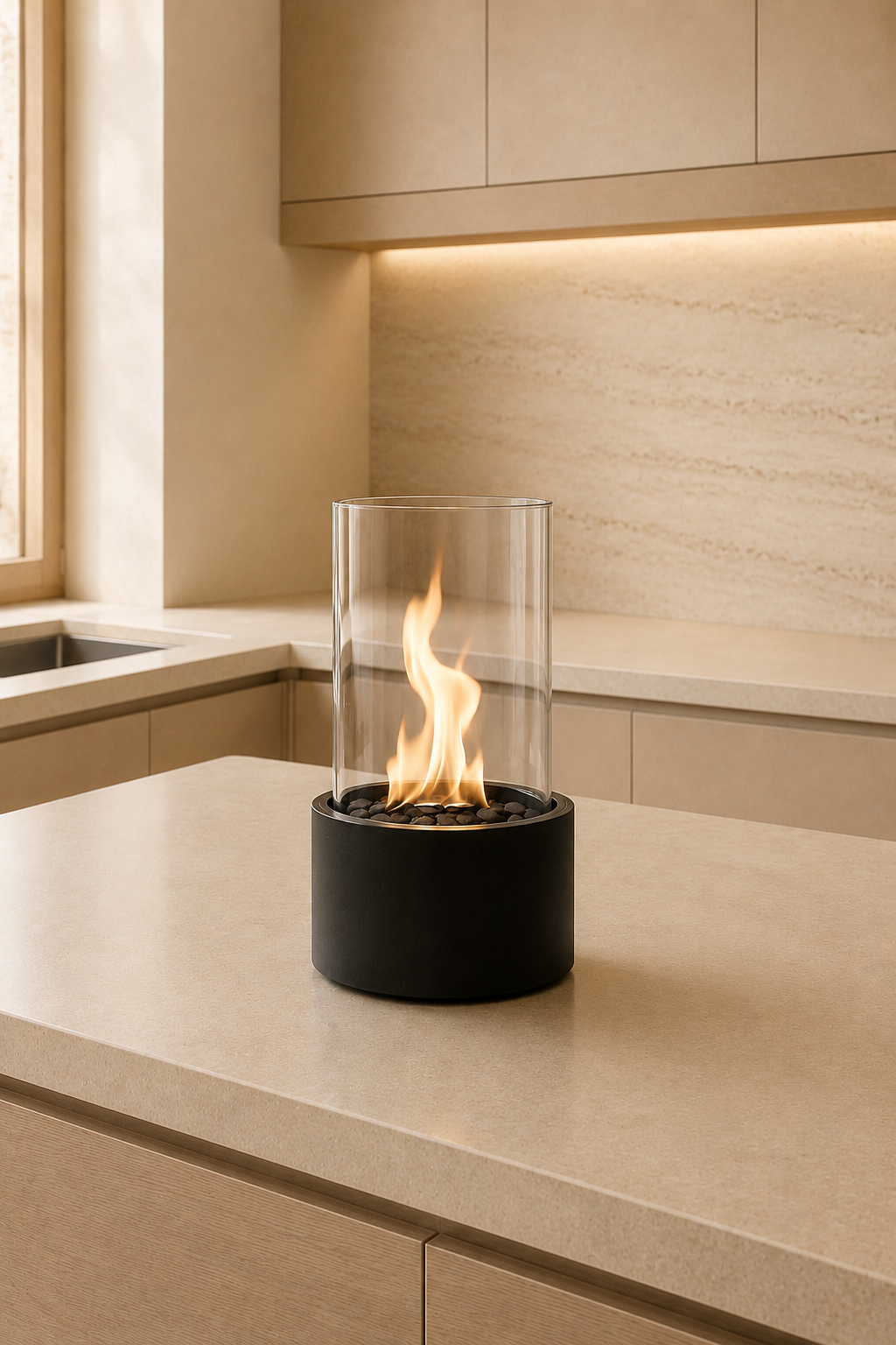 Ronde tafelhaard op bio-ethanol in zwart metaal en glas