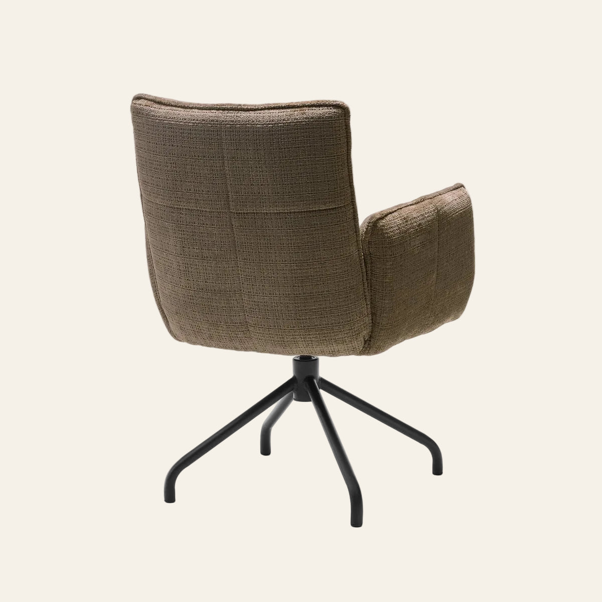 Nova draaibare armstoel in taupekleur met pocketvering, achteraanzicht met ergonomisch gevormde zitting en rugleuning.