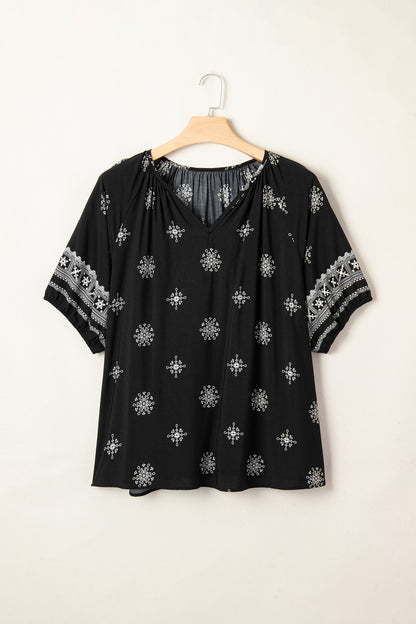 Yellow Boho Chic Notched V Neck Plus Floral Short Sleeve Top