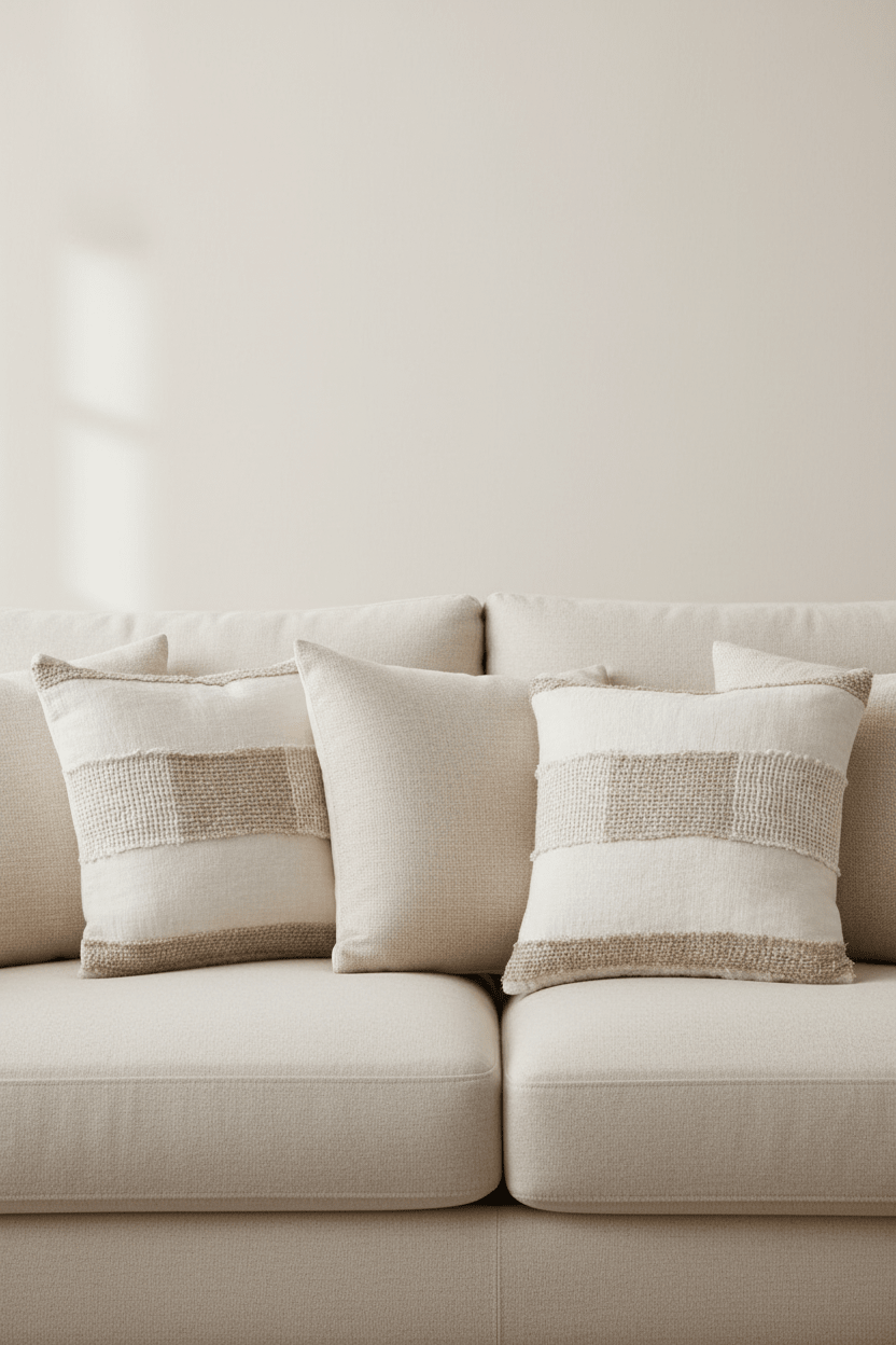 Linnen Draden kussenhoes in witkleur met naturelkleurige banen 50 × 50 cm, in een verzorgde woonsetting met zichtbare textuur en vorm.