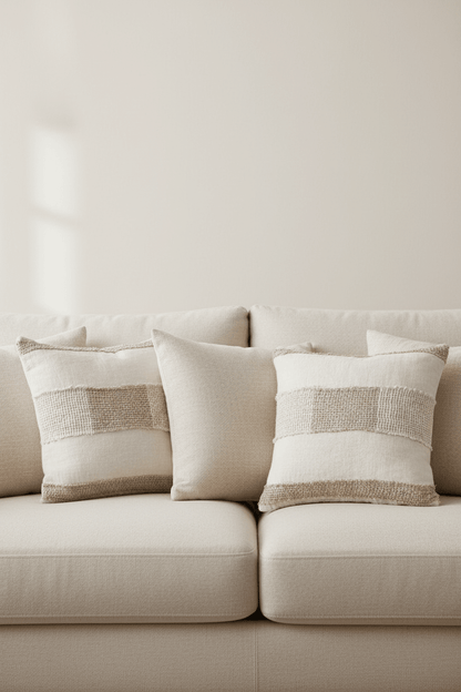 Linnen Draden kussenhoes in witkleur met naturelkleurige banen 50 × 50 cm, in een verzorgde woonsetting met zichtbare textuur en vorm.
