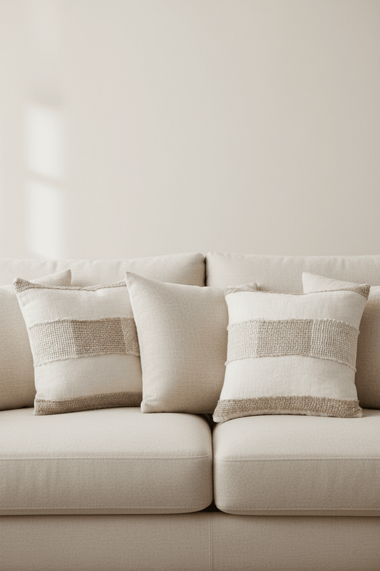 Linnen Draden kussenhoes in witkleur met naturelkleurige banen 50 × 50 cm, in een verzorgde woonsetting met zichtbare textuur en vorm.