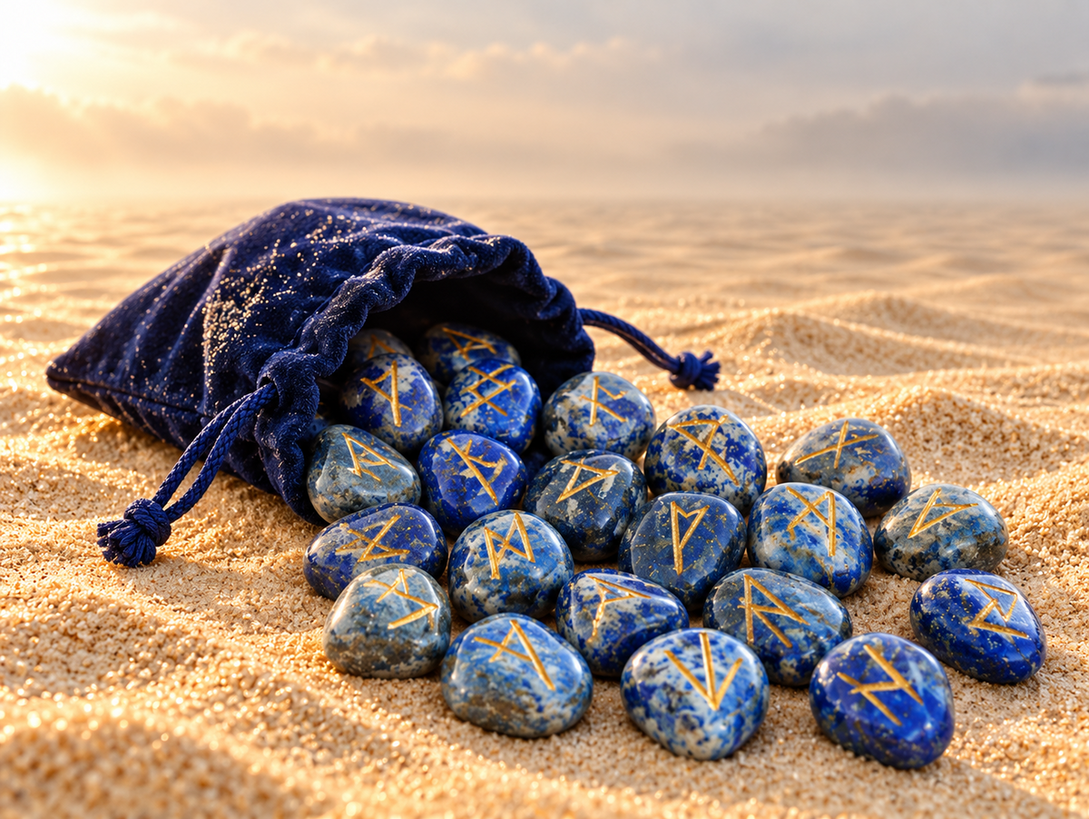 Exclusieve lapis lazuli runenstenenset met gouden inscripties in een zandlandschap