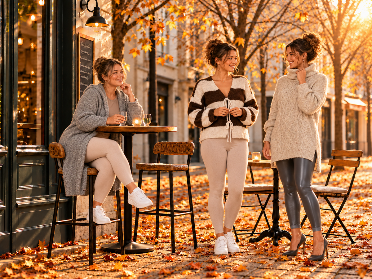 Drie vrouwelijke modellen presenteren stijlvolle herfstmode uit de fashioncollectie op een sfeervol caféterras met herfstbladeren.
