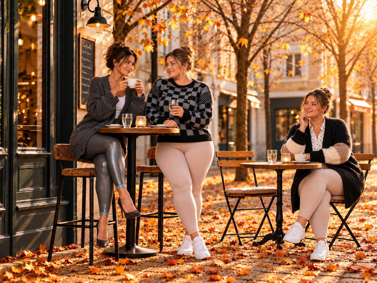 Drie vrouwelijke modellen tonen verschillende herfstoutfits bij een kop koffie op een terras.