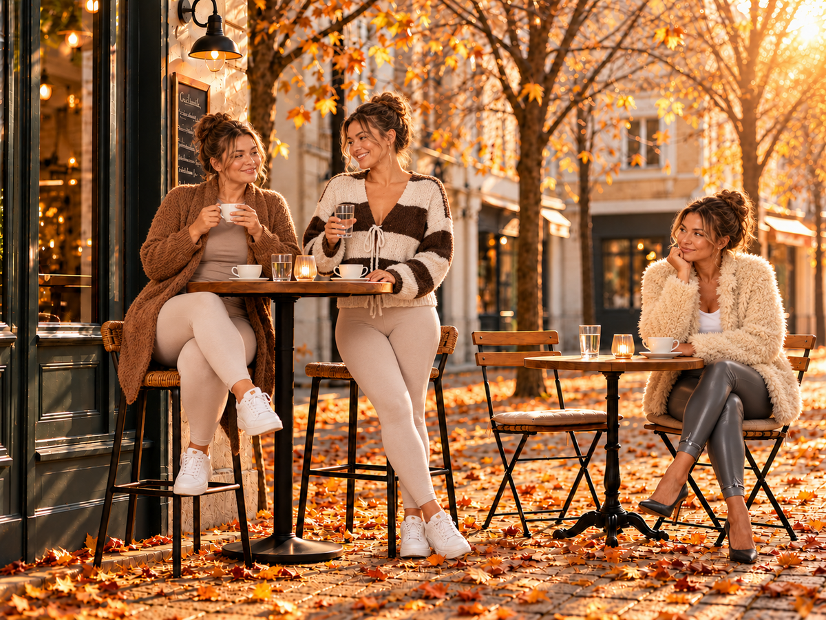 Drie vrouwelijke modellen presenteren verschillende herfstoutfits op een gezellig caféterras.