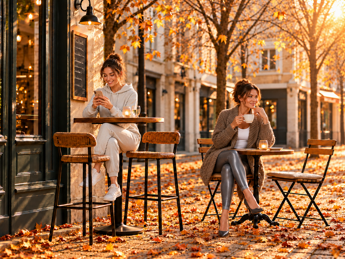 Vrouwelijke modellen tonen stijlvolle herfstkleding op een terras tussen de gevallen herfstbladeren.