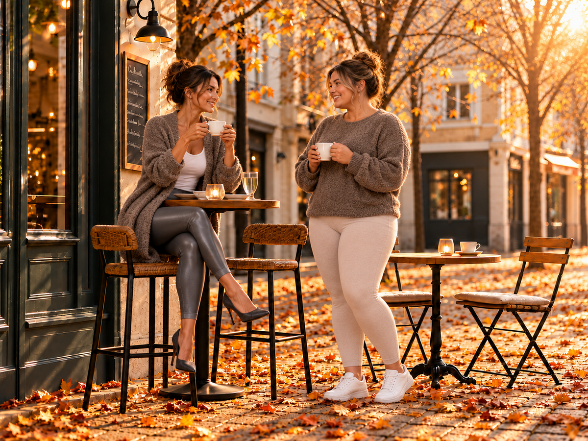 Vrouwelijke modellen presenteren modieuze herfstoutfits terwijl ze met elkaar praten bij de terrastafels.