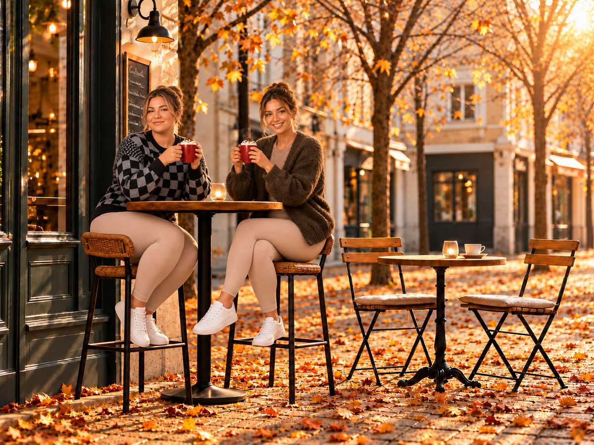 Vrouwelijke modellen presenteren herfstmode terwijl ze genieten van warme chocolademelk op een terras.