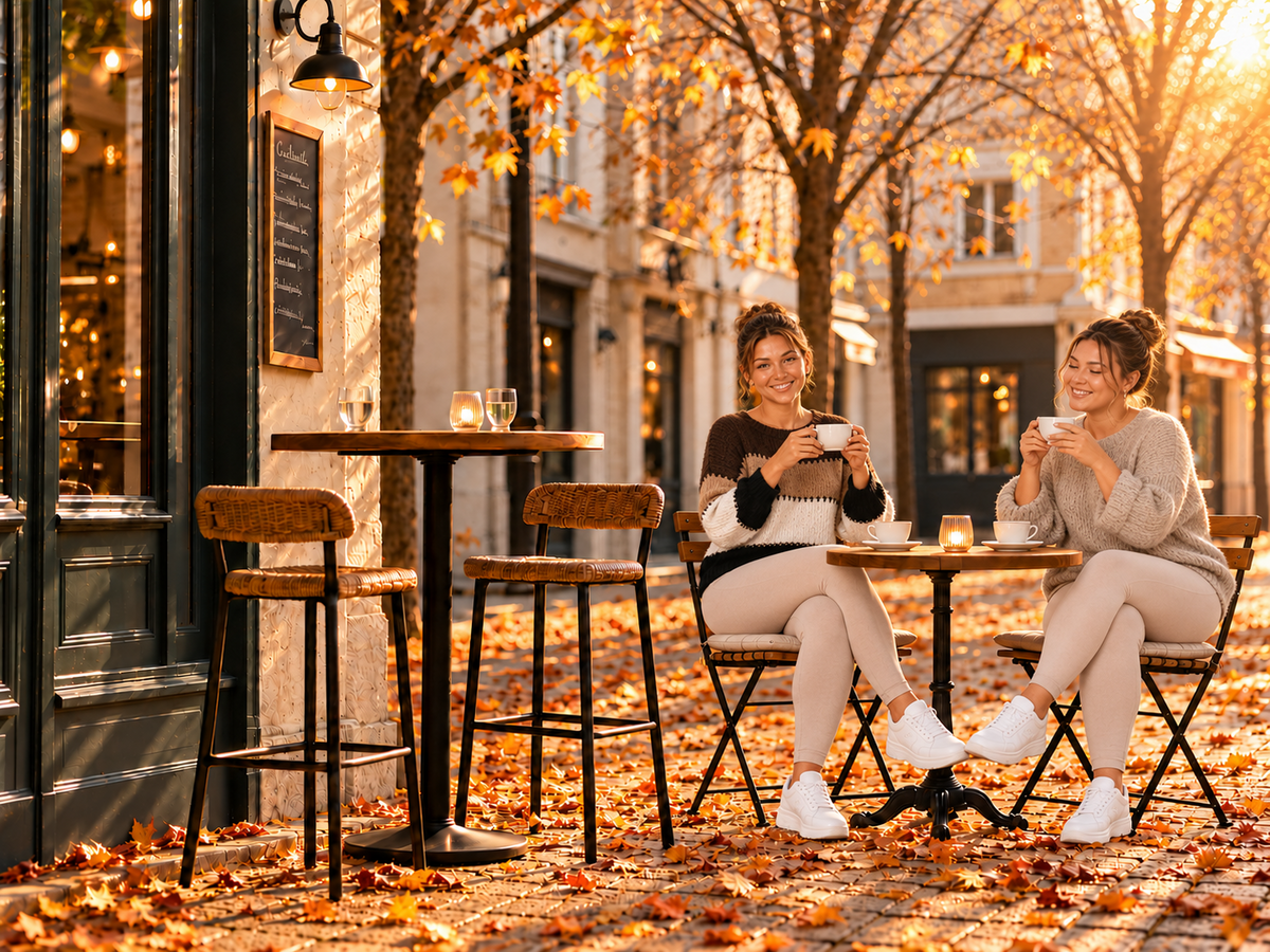 Vrouwelijke modellen in modieuze herfstkleding drinken samen koffie op een caféterras.