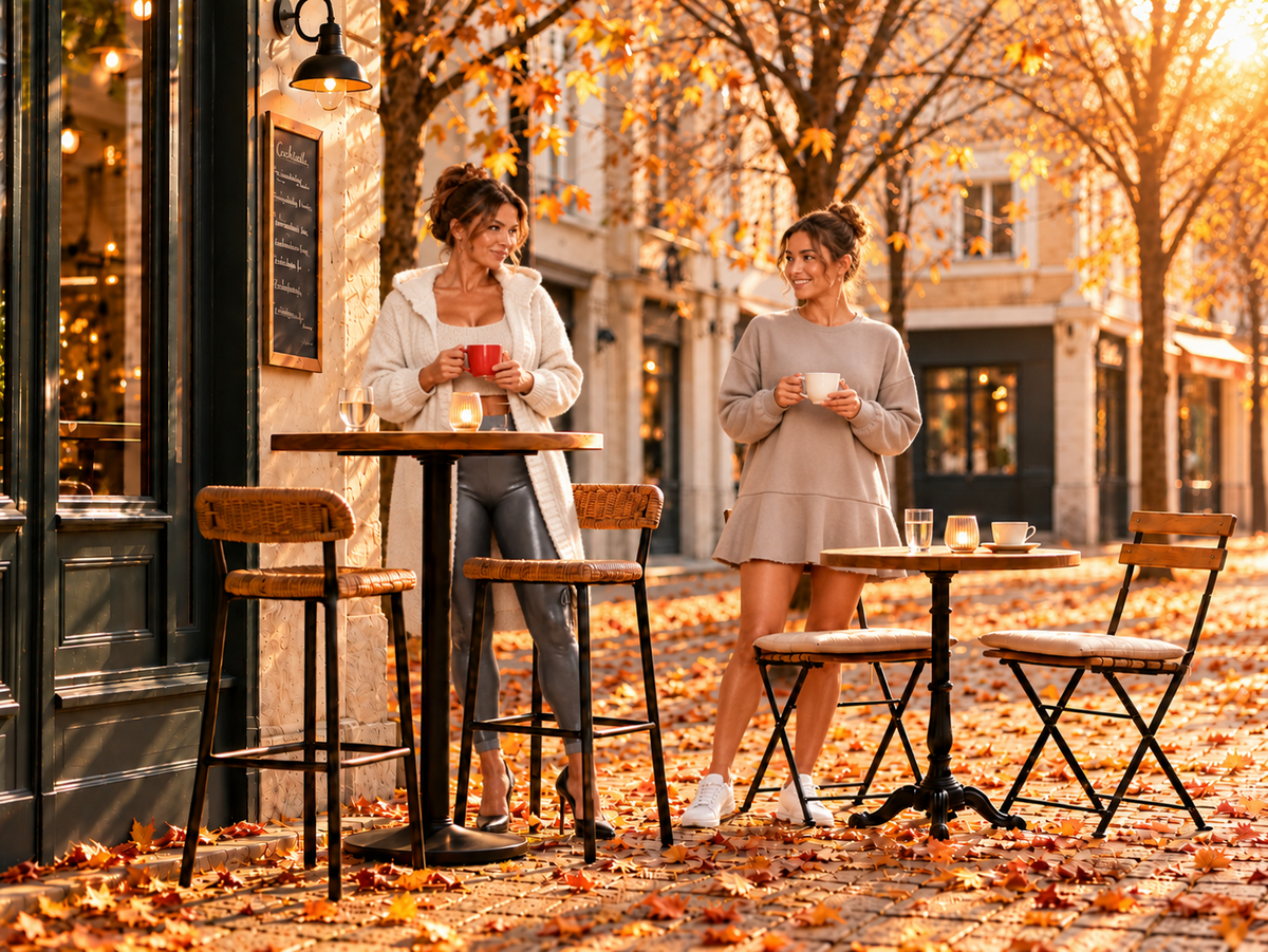 Staande vrouwelijke modellen tonen verschillende herfstoutfits tijdens een gesprek op een terras.