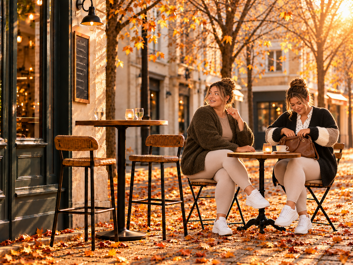 Vrouwelijke modellen in stijlvolle herfstkleding zitten ontspannen op een sfeervol caféterras.