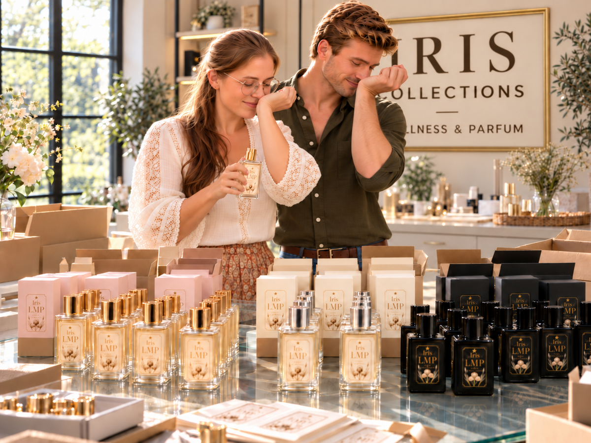Zaakvoerster en mannelijk model ruiken aan hun pols na het aanbrengen van Iris LMP parfum.