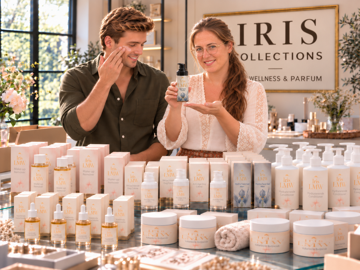 Zaakvoerster presenteert Iris LMW oogverzorging samen met een mannelijk model