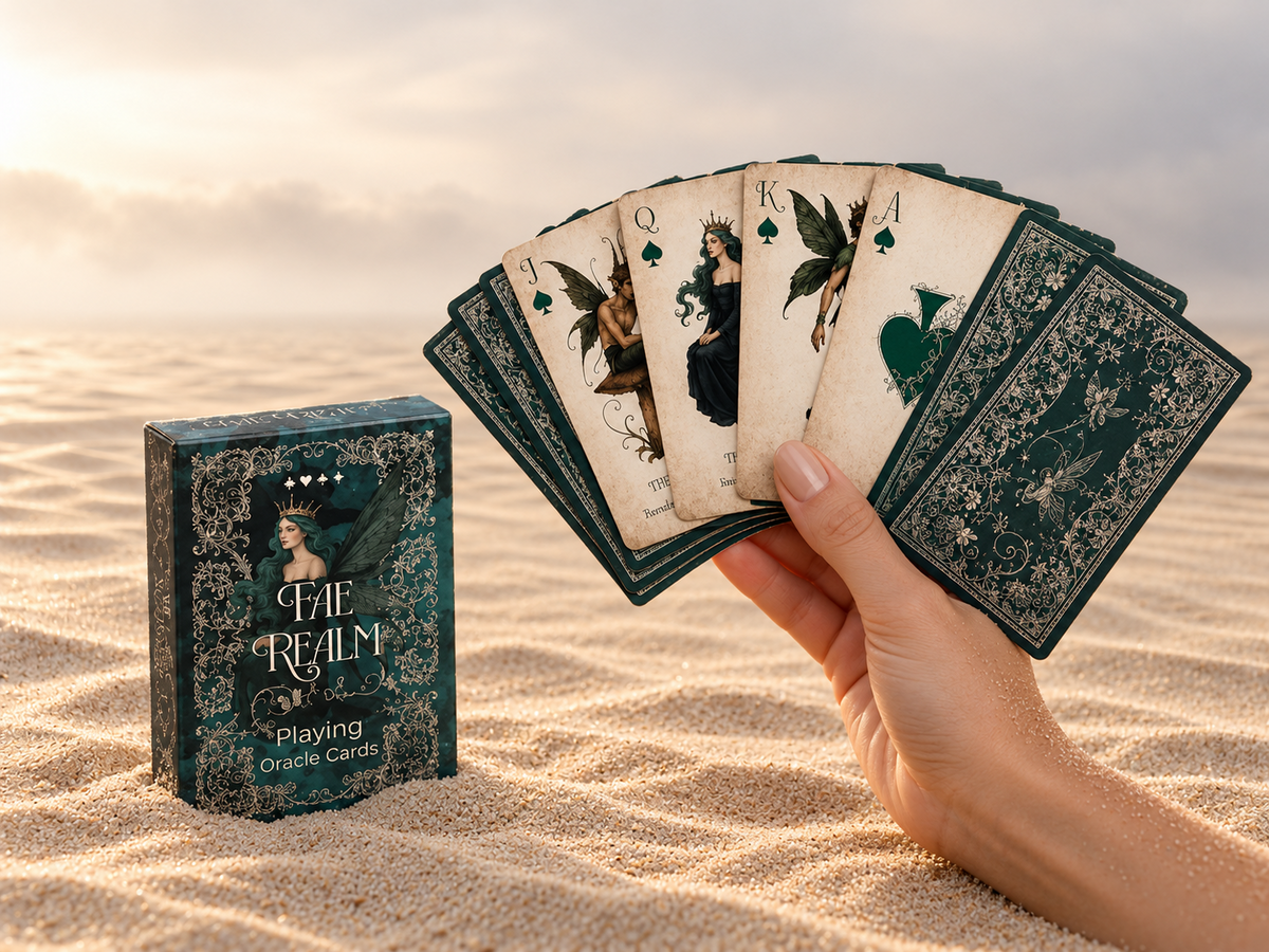 Fae Realm speel- en orakelkaarten in een zandlandschap