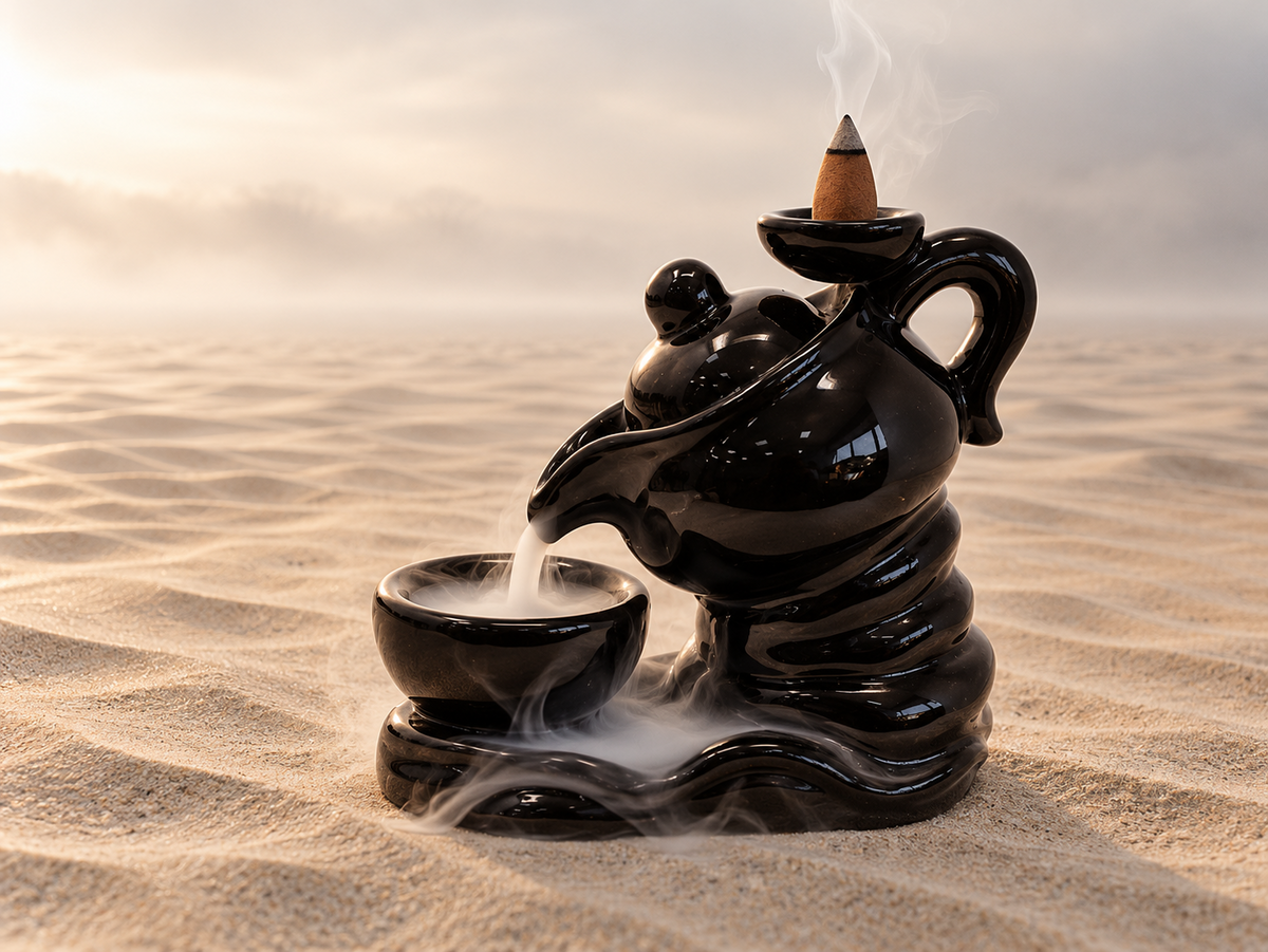 Terugstroom wierookbrander theepot in een zandlandschap
