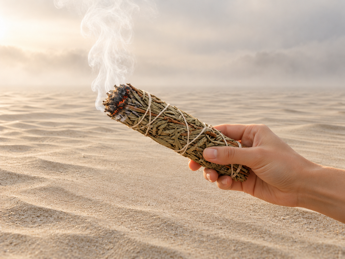 Witte salie en lavendel smudge stick 22,5 cm rokend in een mistig woestijn in een zandlandschap