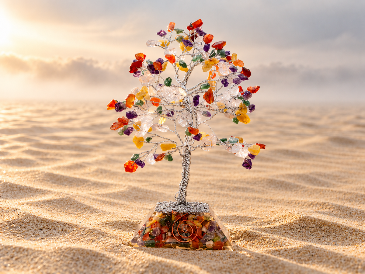 Edelsteenboom met orgoniet basis 160 stenen multi in een zandlandschap