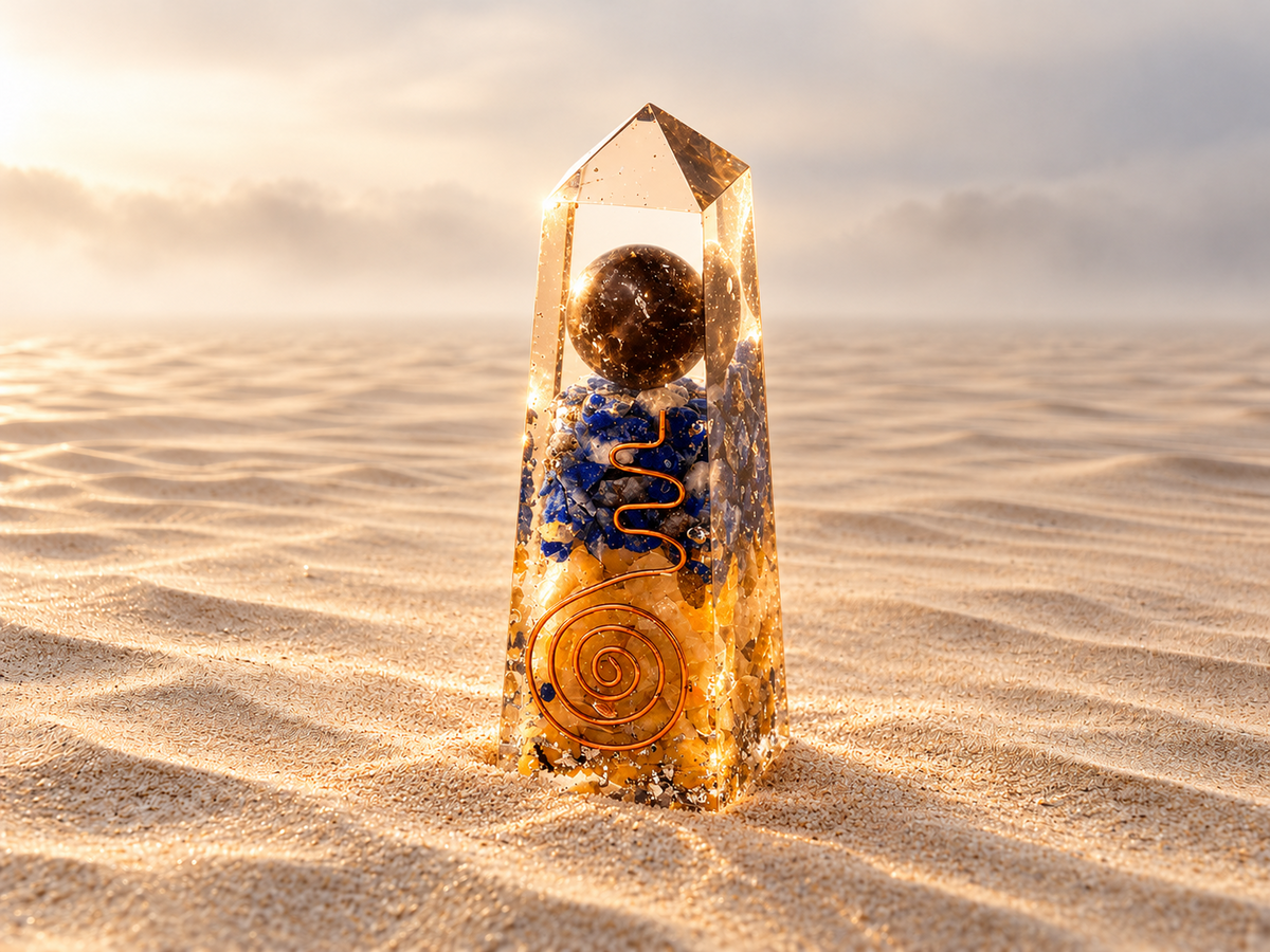 Orgoniet obelisk met lapis lazuli en gele aventurijn in een zandlandschap