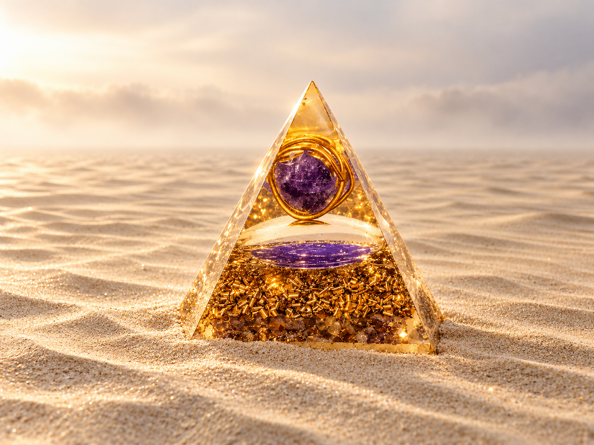 Orgoniet piramide met amethist en koperspiraal in een zandlandschap