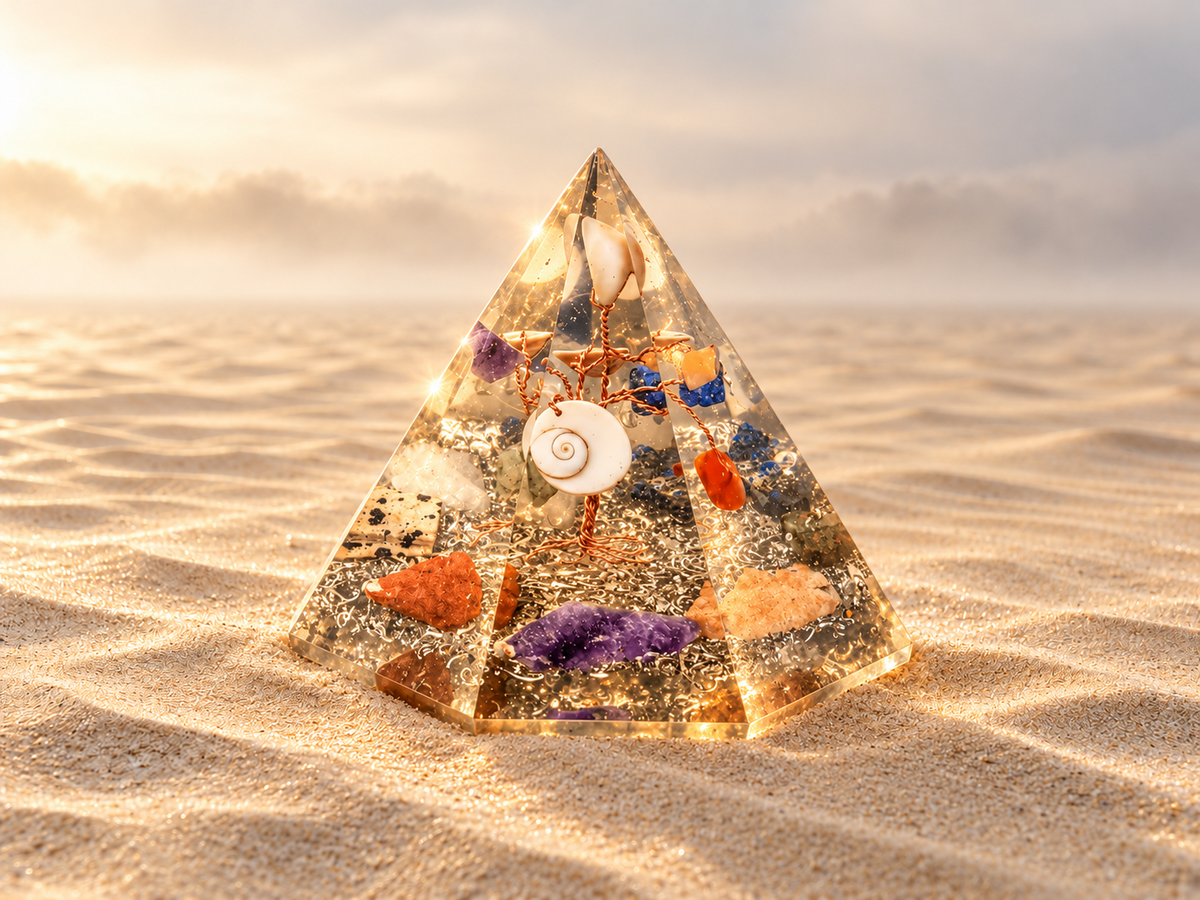 Orgoniet zevenhoekige piramide met levensboom in een zandlandschap